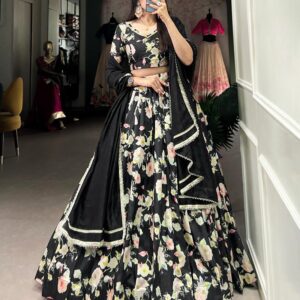 Black Color Tussar Silk Floral Printed Lehenga Choli