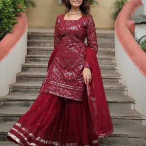 Maroon Color Faux Georgette Embroidered Sharara Suit