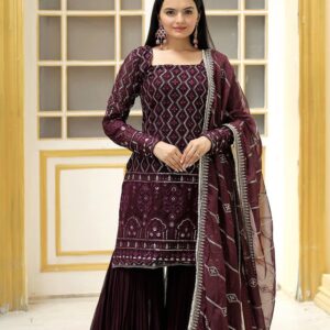 Wine Color Three Piece Sharara Suit