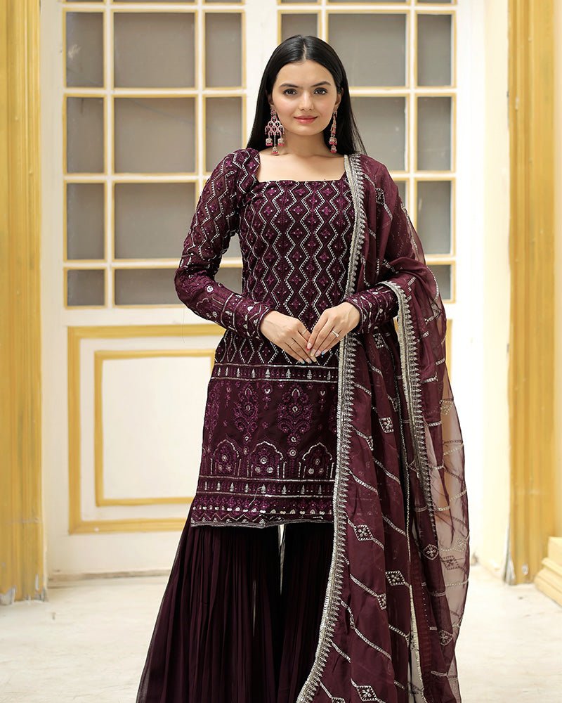 Wine Color Three Piece Sharara Suit